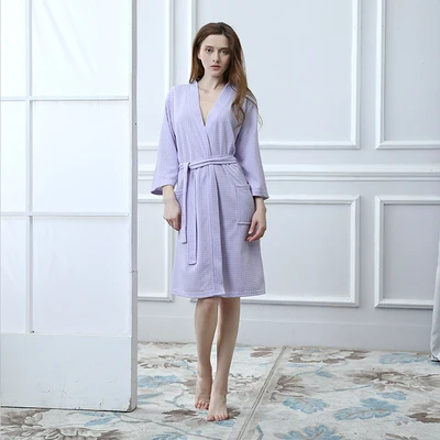 purple female Халат для пар хлопчатобумажный, Вафельный Рисунок мужской халат ночная рубашка Женский Халат банный флисовый халат халаты пижамы одежда для сна - Цвет: purple female