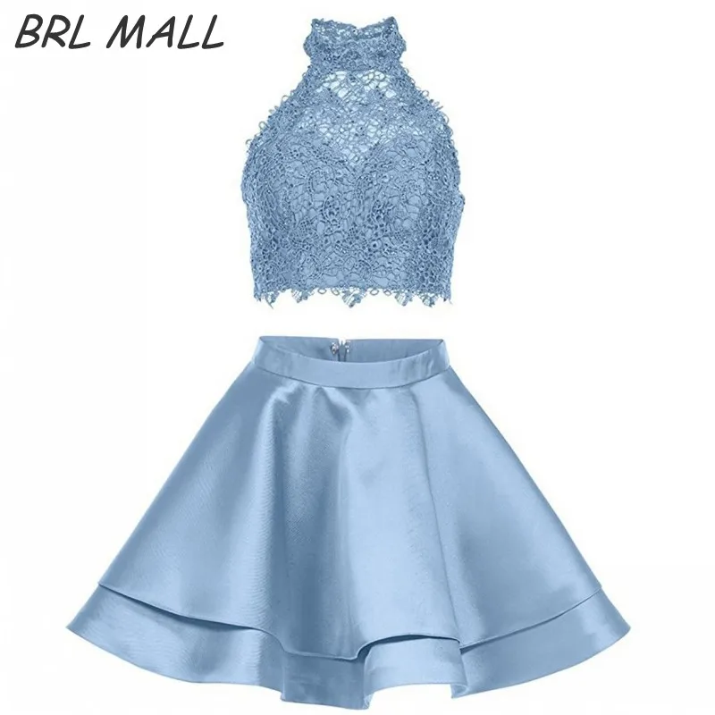 2018 Модные платья с высоким воротом из двух частей для встречи выпускников