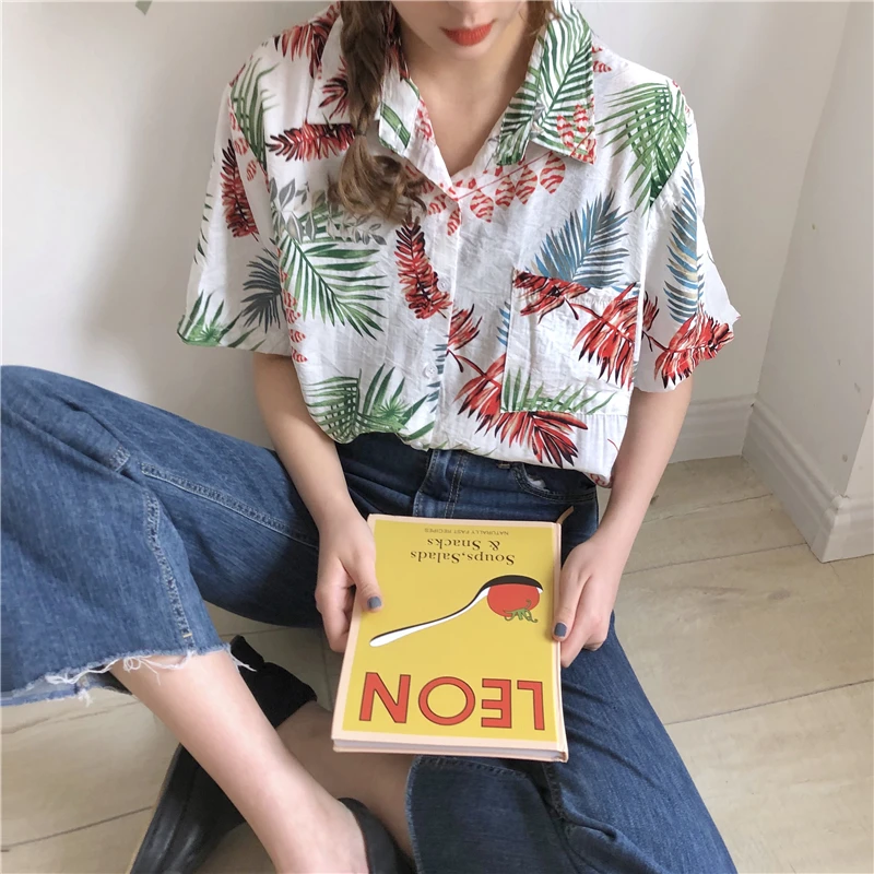 Женская шифоновая блузка Cheerart с принтом листьев коротким рукавом летний