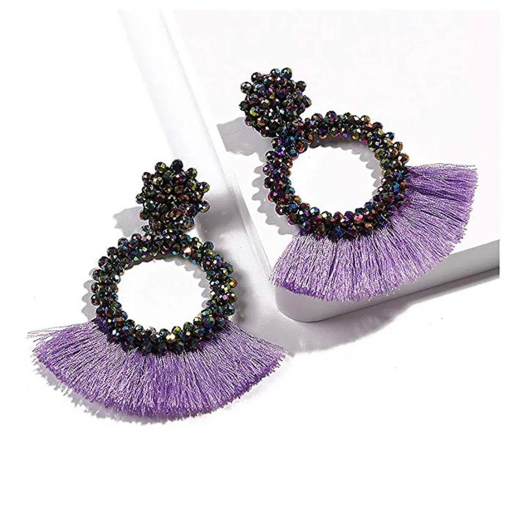 Женские серьги кольца с кисточками эффектные висячие ручной работы бисером и