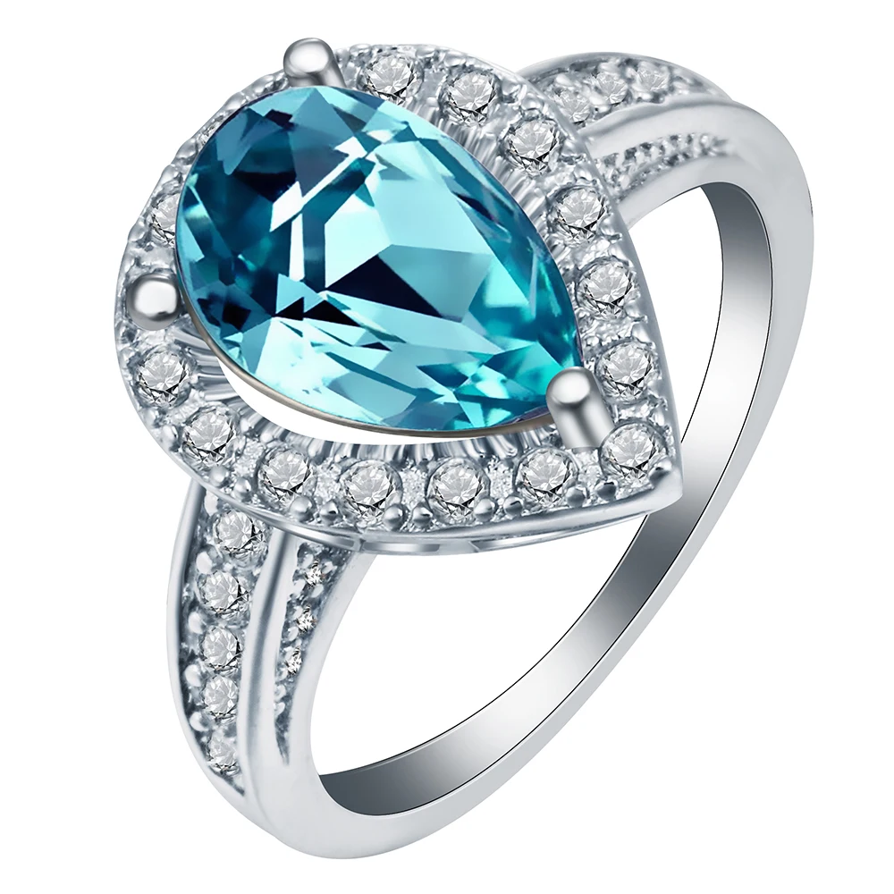 

2023 New Silver Color Finger Ring For Women Bridal Jewelry Accessory Party Gift Cz Bague Gem Sky Blue Water Drop Engagement Ring