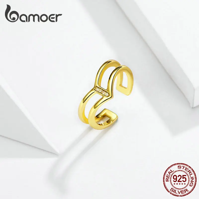 bamoer V shape Double Layer Finger Ring for Women 925 Sterling Silver Gold Color Fashion Korean Style Jewelry BSR040