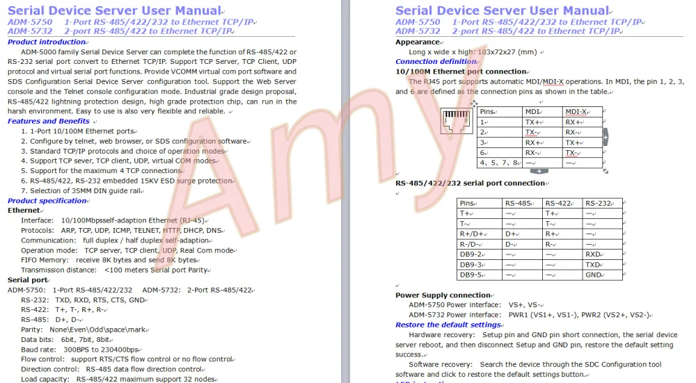 ADM-5750 RS485 к tcp/ip промышленного класса 485 422 232 последовательный сервер, 485 к Ethernet передачи