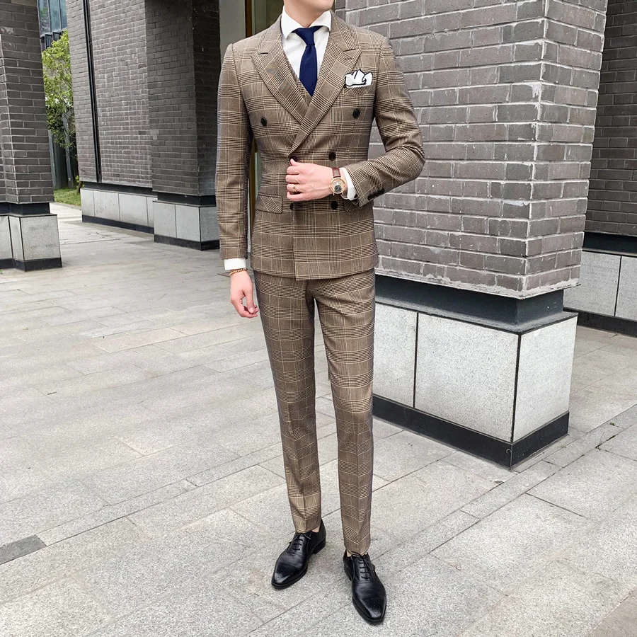 Хаки светильник синий Клетчатый костюм для Для мужчин Slim Fit s двубортный жениха