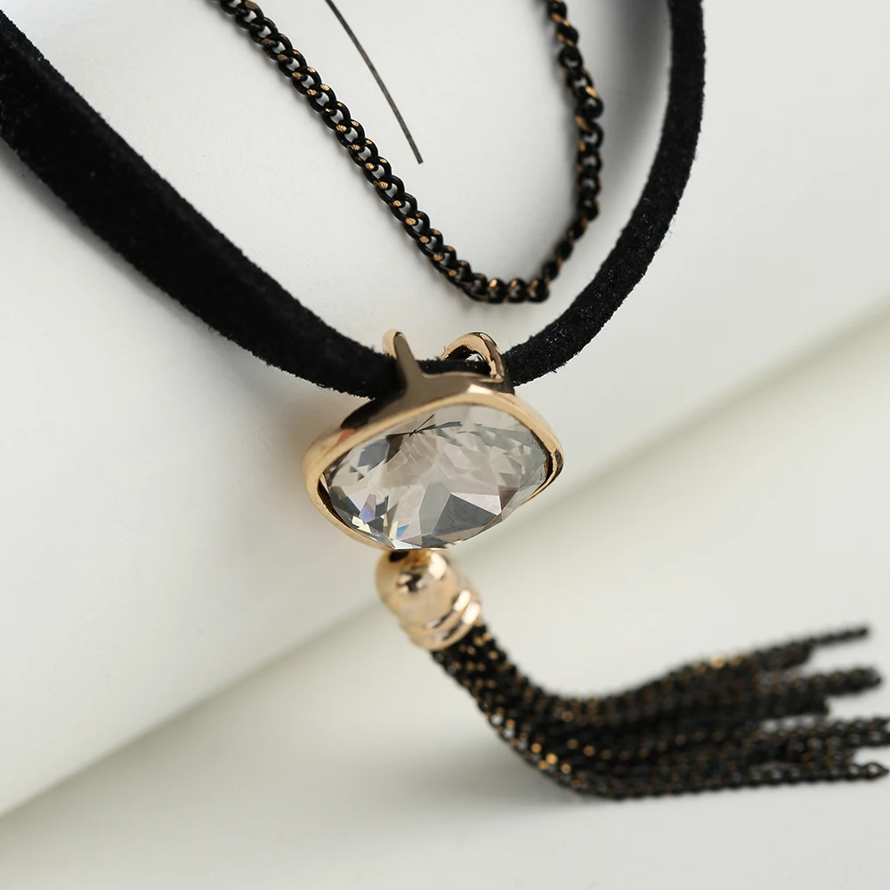 Модный чокер Neoglory с черными кристаллами крутая цепочка кисточками готическое