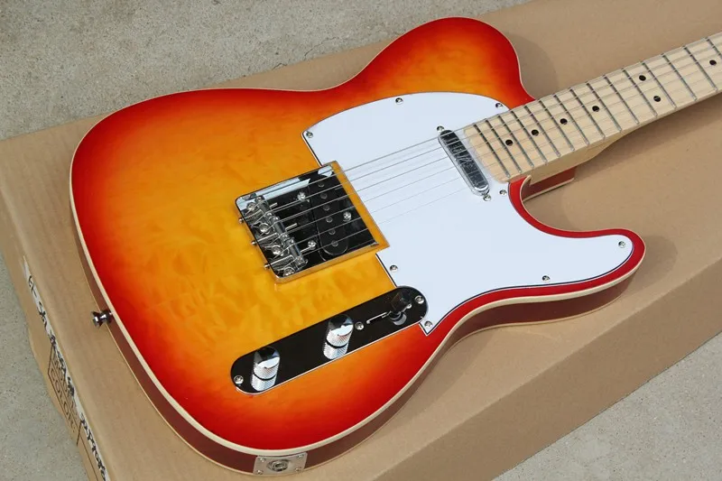

Factory Custom Cherry Sunburst Color Electric Guitar with Cloud Pattern Veneer,White Pickguard,Offer Customized