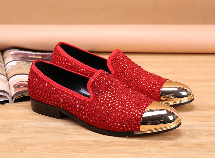Мужские мокасины красные модные золотистые Мокасины с металлическим носком