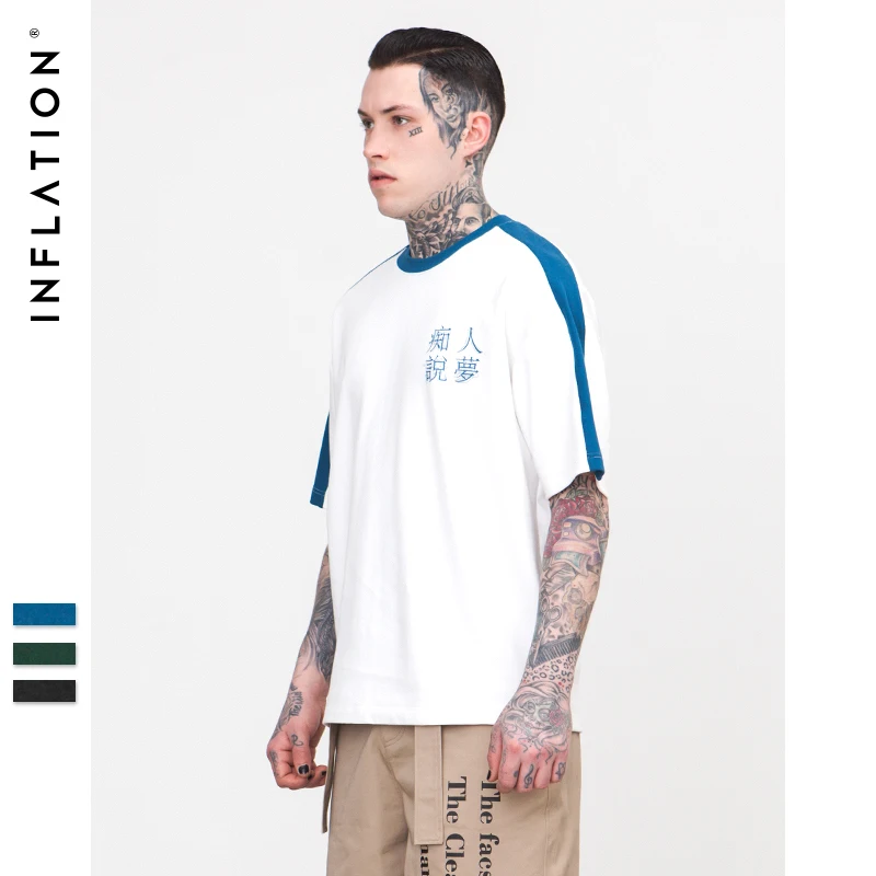 INFLATION Chinese Large Font Print Funny Casual Loose T-shirt For Men 2018 New Arrival Hip Hop White Short Sleeve Top Tee 8229S | Мужская