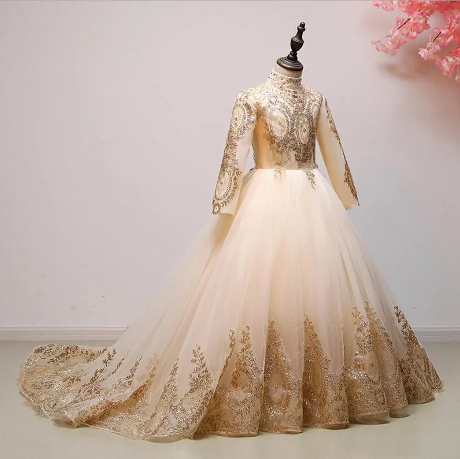 Gold Sequin Lace Flower Girl Princess Dress Long Sleeve Trailing Party Wedding Toddler First Communion Gown | Детская одежда и