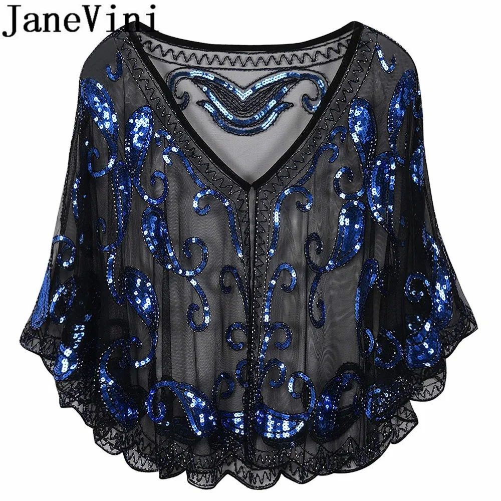 JaneVini Blingbling расшитый блестками женский плащ вышитая бисером Свадебная кофта Болеро шаль черные Серебряные Блестки вечерние свадебные куртки палантин