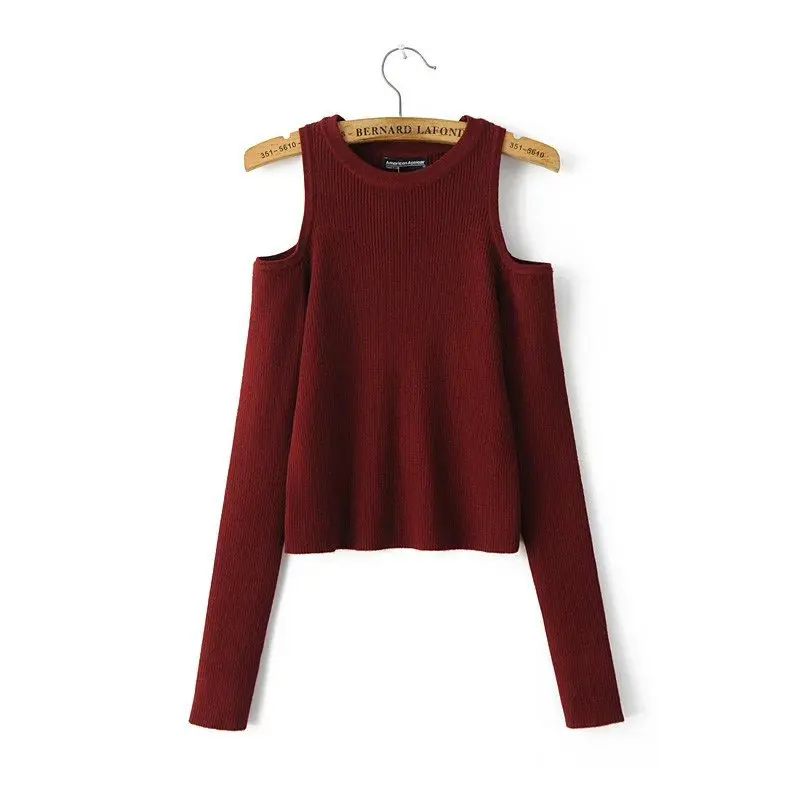 Autumn Winter Women Casual Sexy Off Shoulder Long Sleeve Knitted Sweater Solid Skinny Slim Sweaters O-Neck Pullovers