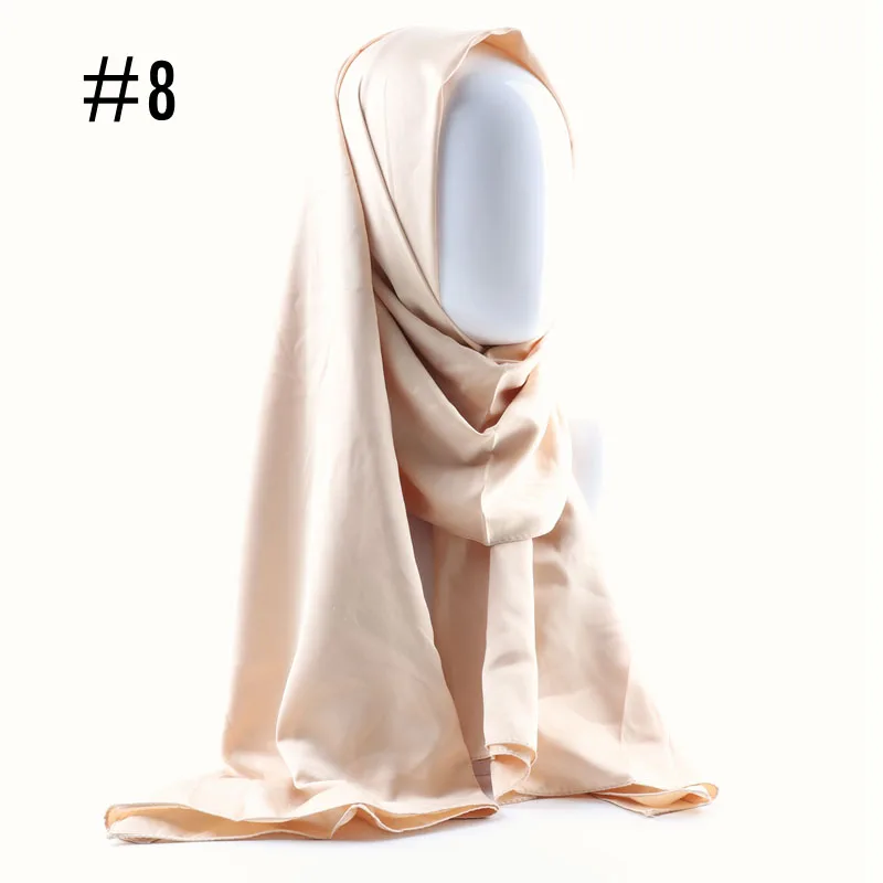 8 beige Цельный однотонный Блестящий хиджаб шарф ислам шаль головные обертывания мягкий шелк ощущение длинный мусульманский хиджаб Малайзия сатин Простые хиджабы - Цвет: 8 beige