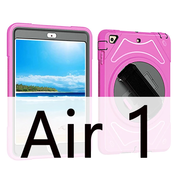 Для iPad Air 2 Air 1 чехол для детей с ремешком на руку, наплечный ремень, 360, с подставкой, противоударный, полный защитный силиконовый+ PC чехол для студентов - Цвет: Rose Red for air 1