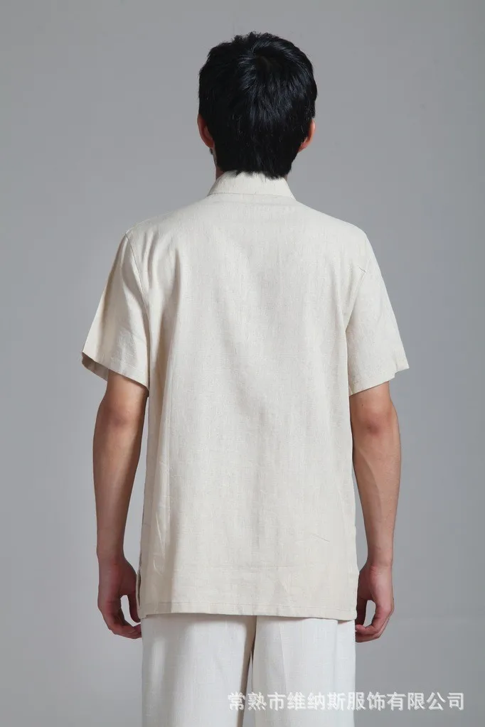 Бесплатная доставка бежевая китайская Мужская льняная рубашка с вышивкой брюки