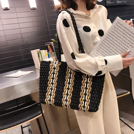 black Модные Полосатые Соломенные Сумки повседневные из ротанга Большие женские сумки плетеная лоза женские сумки на плечо летние пляжные сумки для путешествий - Цвет: black