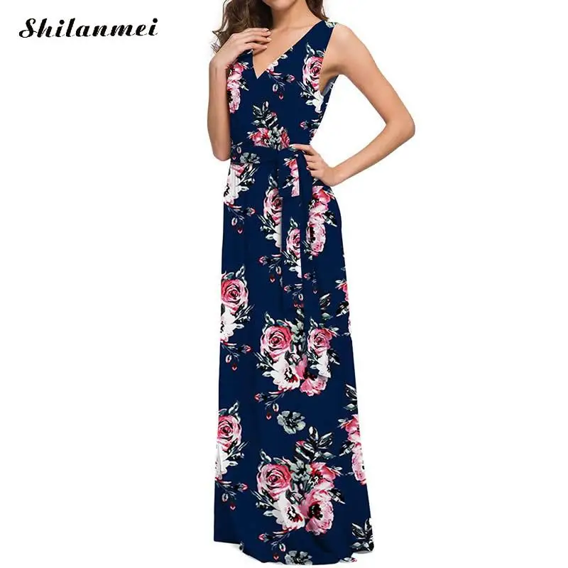 2019 женское богемное пляжное платье без рукавов большие размеры летнее с v