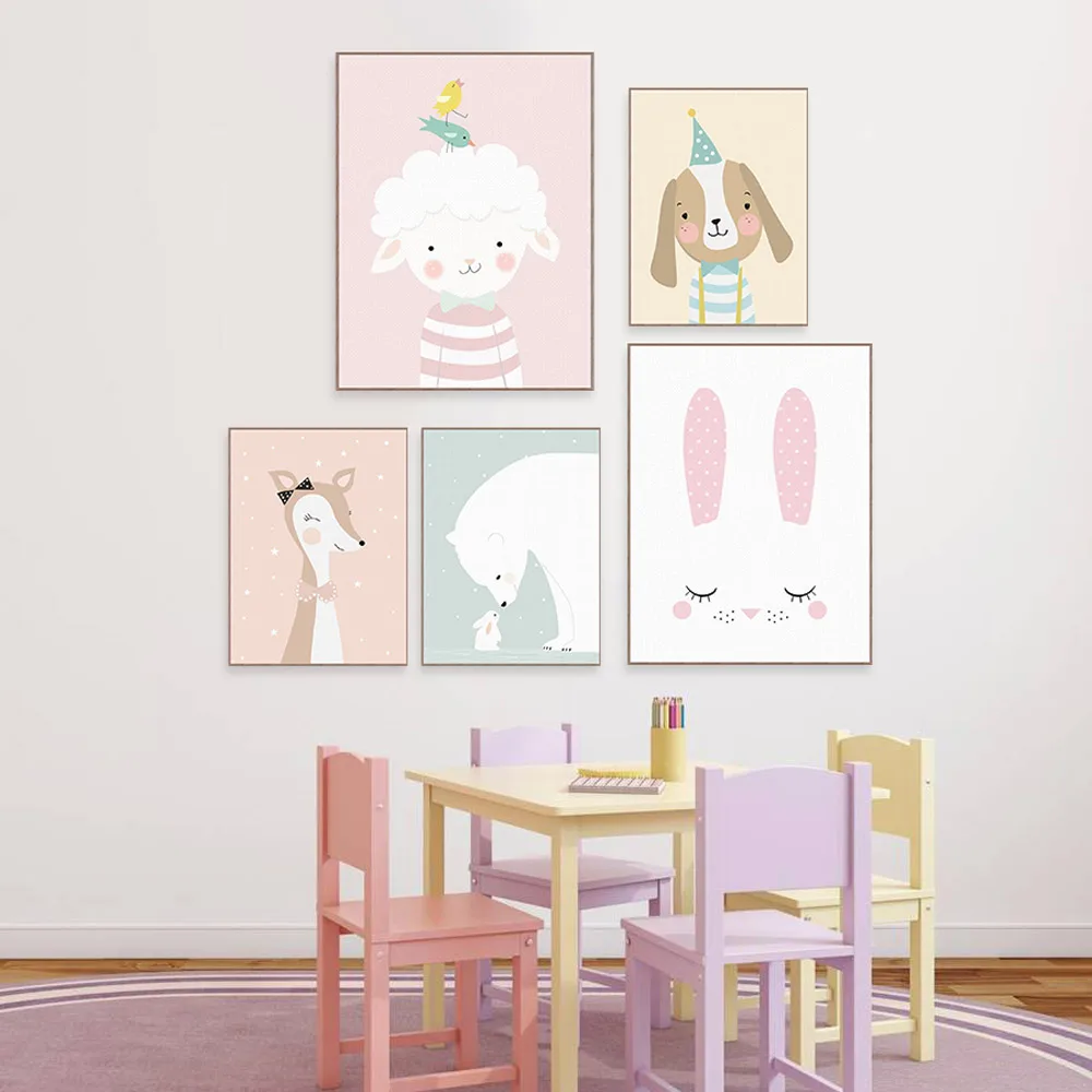 Kawaii Мультяшные Животные Олень Медведь Кролик плакаты принты скандинавские детские комнаты настенные художественные картины Домашний декор холст живопись