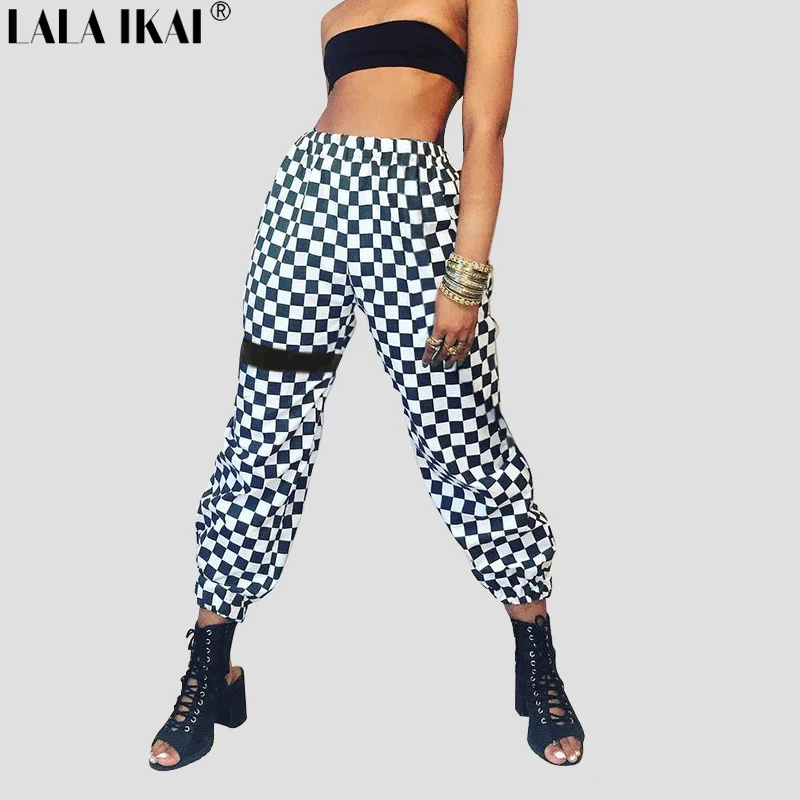LALAIKAI черный и белый плед Печатные Брюки женские ботильоны Длина High Street Для женщин
