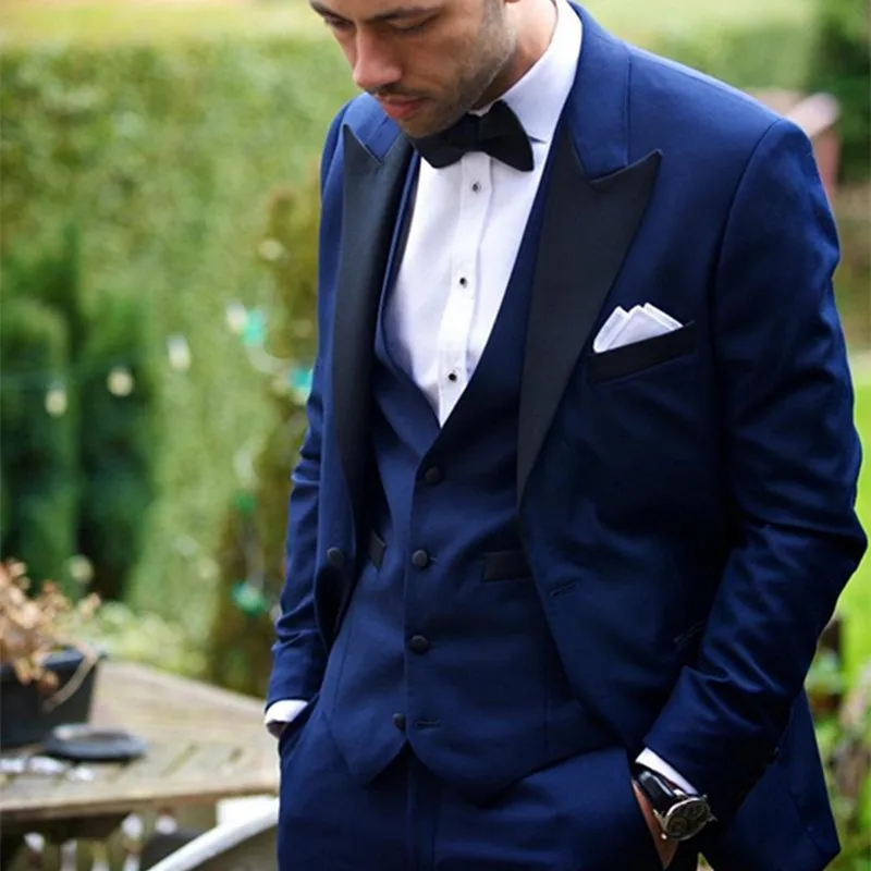 Custom made costume homme One Button Blue Groom Tuxedos Groomsmen Men Wedding Suits Prom Bridegroom suit (Jacket+Pants+Vest+Tie)