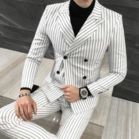 3 pieces jacket vest pants mens double breasted suit fashion striped groom wedding tuxedo for men casual business suit