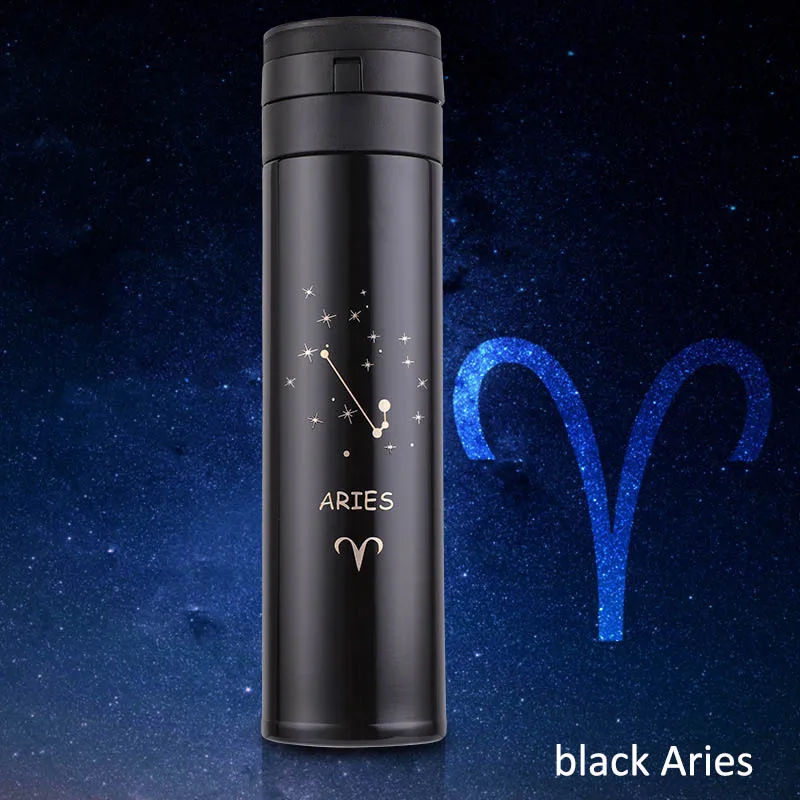 black Aries Термос чашка портативная вакуумная колба чайная чашка термоса термоизолированная Двойная Стенка Созвездие 12 безстильный стальной отскакивающий чехол - Цвет: black Aries