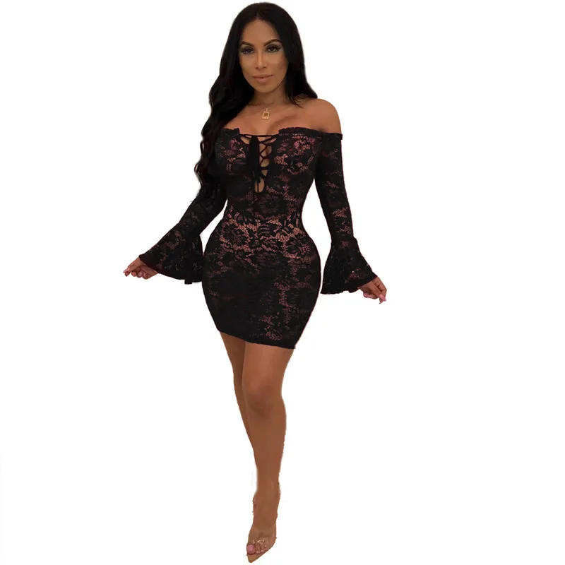 

Sexy Black Sheer Floral Lace Dress Women Flare Long Sleeve Lace Up Off Shouler Bodycon Mini Dress Night Club Party Short Dress