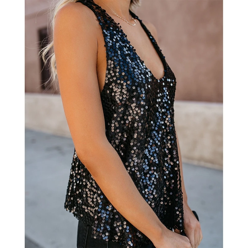 

2019 summer fashion wild casual beach nightclub sexy sequined vest halter shirt women plus size tops C0749
