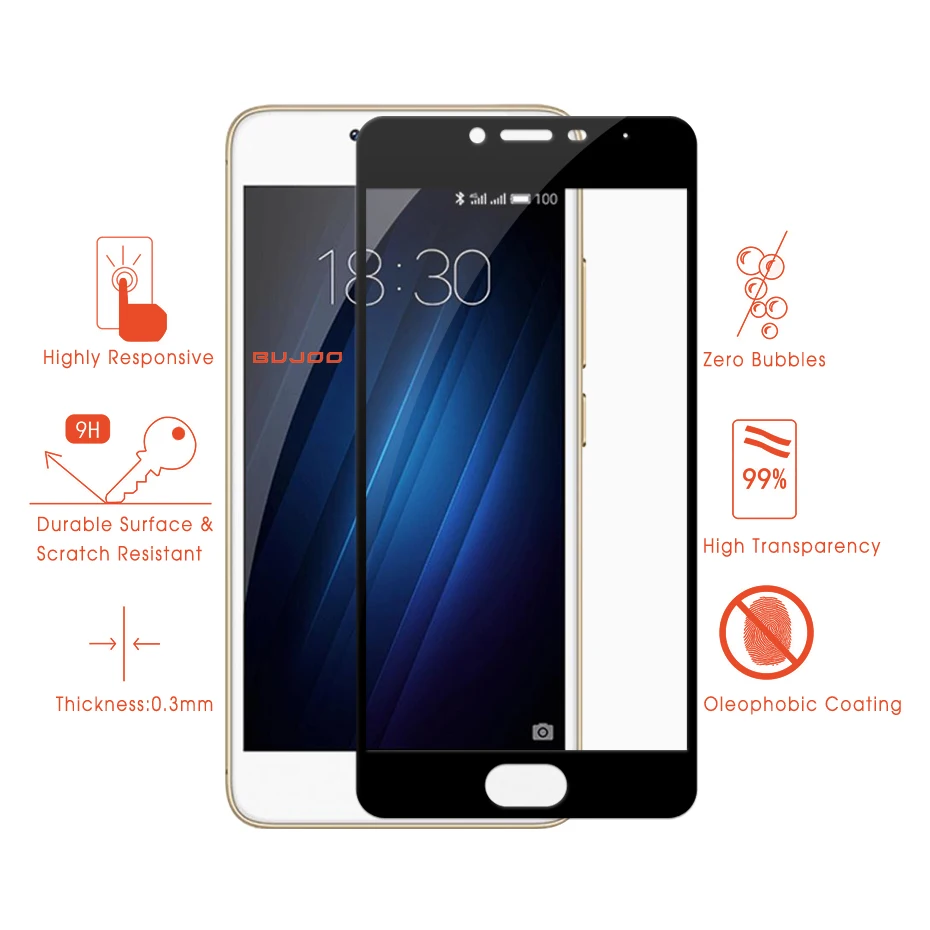 2 Pack 100% Original BUJOO Screen Protector Real 2.5D 0.3mm 9H Full Cover Tempered Glass For Meizu M3S M3 S Meilan 3S Film | Мобильные