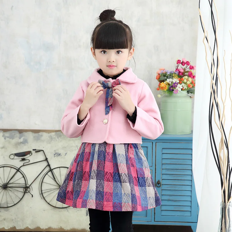 Горячие Продажа Осень-Зима Девушки Две Пьесы Костюм Шерстяные Лук Пальто + Платье