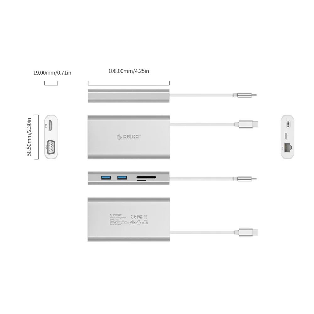 Док станция ORICO 8 в 1 Type C из алюминиевого сплава с USB 3 0 HDMI совместимым VGA портом PD