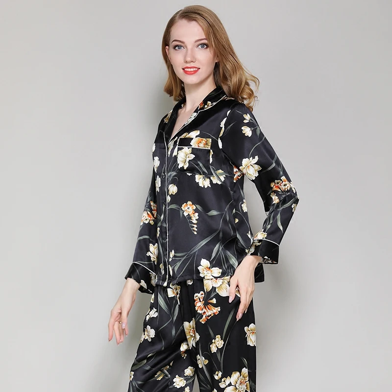 women 100% silk pajama sets spring autumn 2019 new female brandblack sexy flower print two pieces sets home sleepwear nightwear