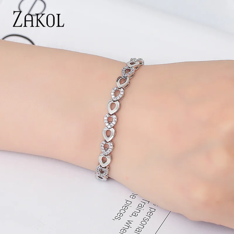 ZAKOL изысканный браслет-цепочка в виде сердца из розового золота, браслет для женщин, блестящие ювелирные изделия из Кубического циркония AAA FSBP2022