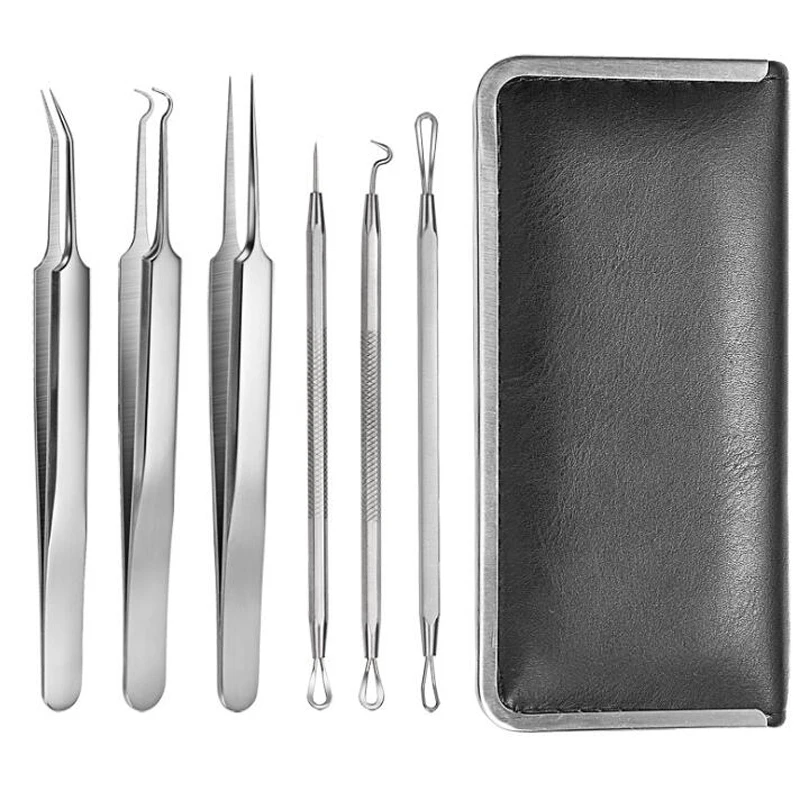 

Double head Stainless Steel Blackhead Comedone Pimple Blemish Remover Cleanser Face Skin Care Tools with Leather Bag Top Quality