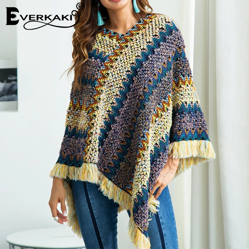 Everkaki Boho вязаный свитер с кисточками шаль женская накидка этнический толстый