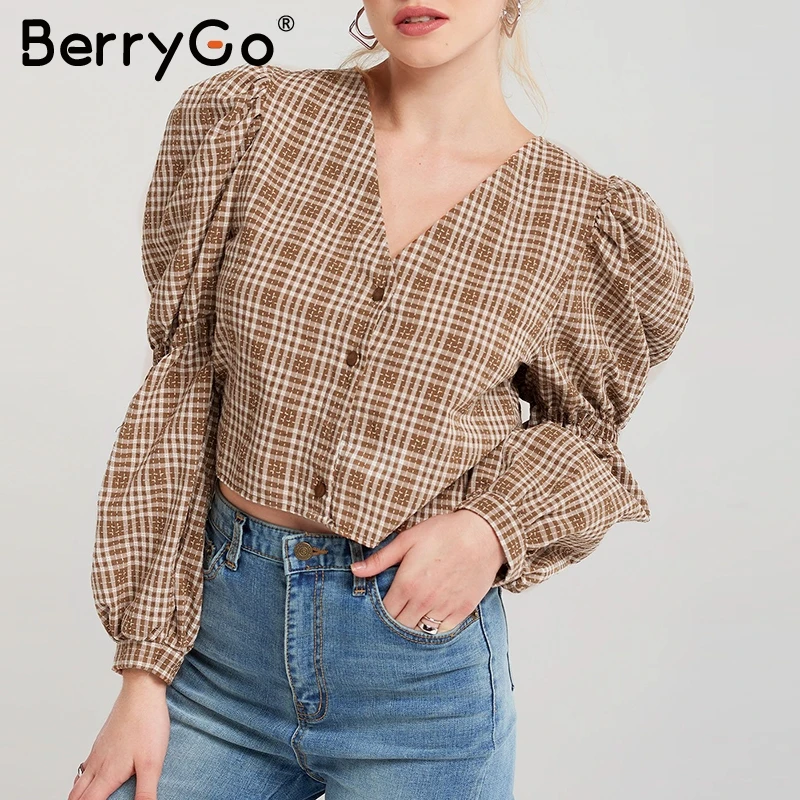 BerryGo/винтажная клетчатая женская блузка со шнуровкой, рубашка, сексуальный женский топ с открытой спиной, осенняя рубашка с пышными рукавами, большие женские блузки, рубашка