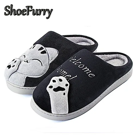 ShoeFurry/домашние тапочки; хлопковая обувь; коллекция года; зимние домашние тапочки с рисунком кота; мужские Нескользящие мягкие тапочки; теплые плюшевые Тапочки Мужские тапочки для спальни Осень сгущает обувь - Цвет: SZJ-MZ Black