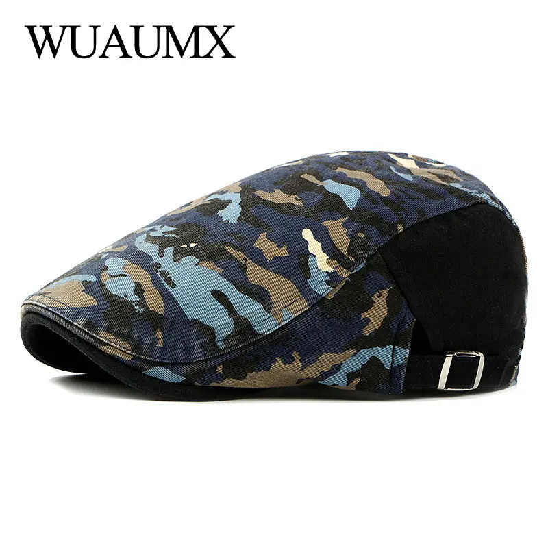 

Wuaumx Branded Casual Camouflage Berets Hats Men Women Herringbone Caps Cotton Newsboy Cap Cabbie Duckbill Ivy Flat Hat