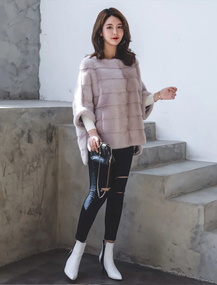 skin pink Женская шуба из натурального меха норки, куртка летучая мышь на молнии, осенне-зимняя короткая популярная шуба из меха норки - Цвет: skin pink