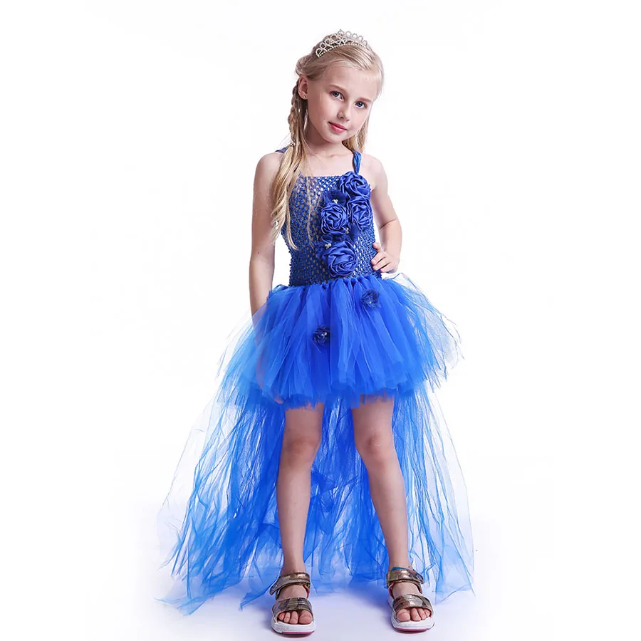Kids Blue Flower Long Tail Tutu Dress 2018 new Baby Girl Floral Elegant Costume Princess Wedding Ball Gown Birthday TUTU | Детская