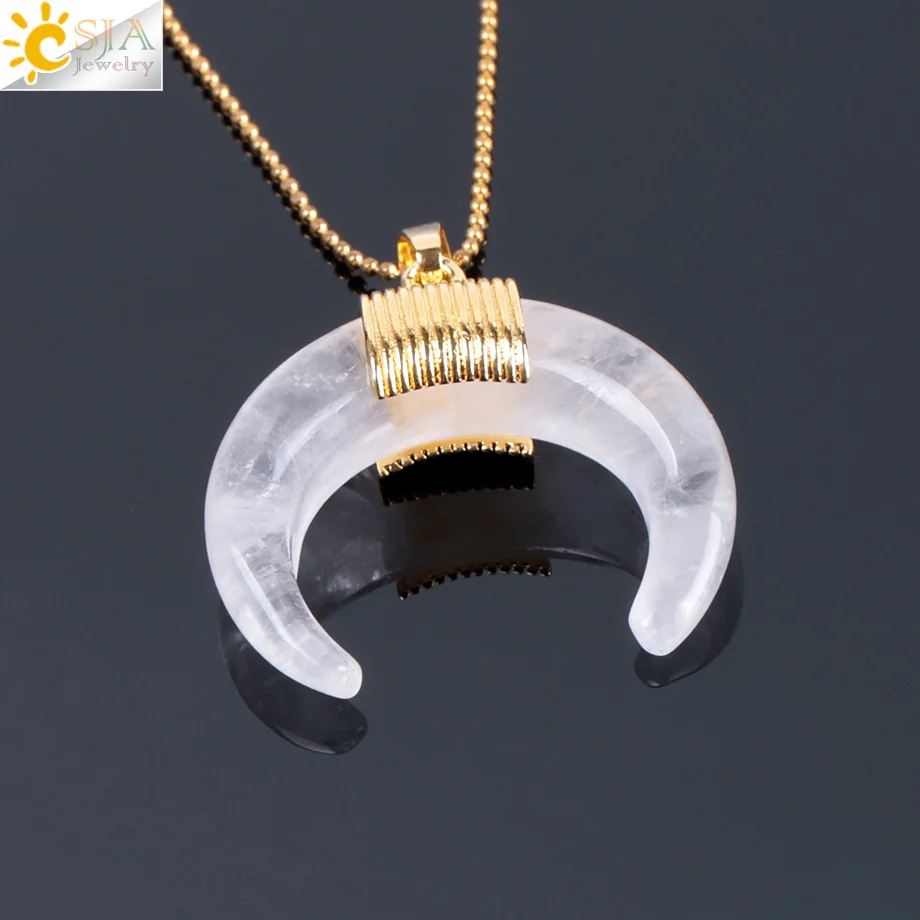 White Crystal CSJA Новая мода натуральный камень полумесяц половина лунное ожерелье, подвесное ожерелье с цепочкой золотого цвета проволока обернутая для женщин DIY Ювелирные изделия F063 - Окраска металла: White Crystal