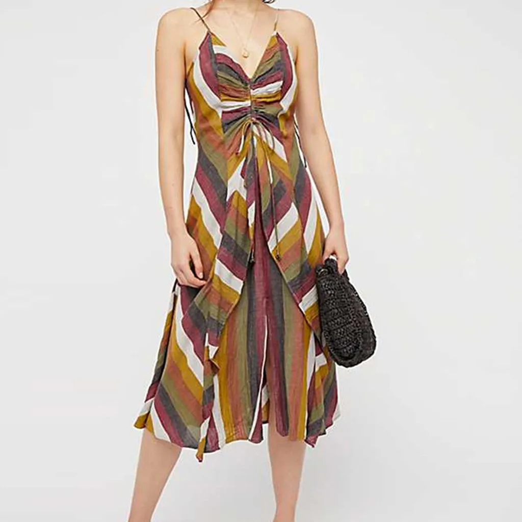 Women's Striped Suspender Chiffon Print Pleated Split Holiday Dresses Summer Casual Beach Sleeveless V-Neck Dress G0322#20 | Женская