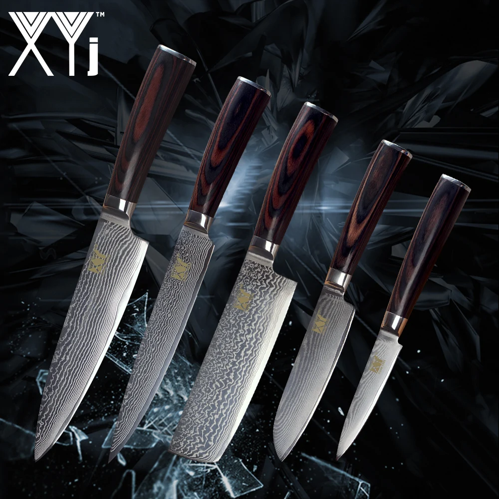 XYj кухонное Искусство Новое поступление 2018 VG10 Дамасская сталь фрукты сантоку