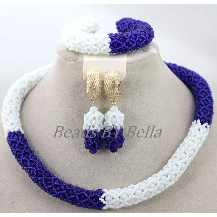 Недорогое женское ожерелье-чокер ручной работы 1 ряд королевский синий белый