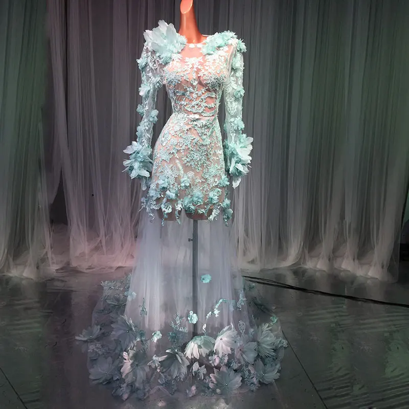 

Flowers See Through long sleeve Dress Lace flower fairy Mesh Stretch Birthday Party Dress Women Singer Performance Costume