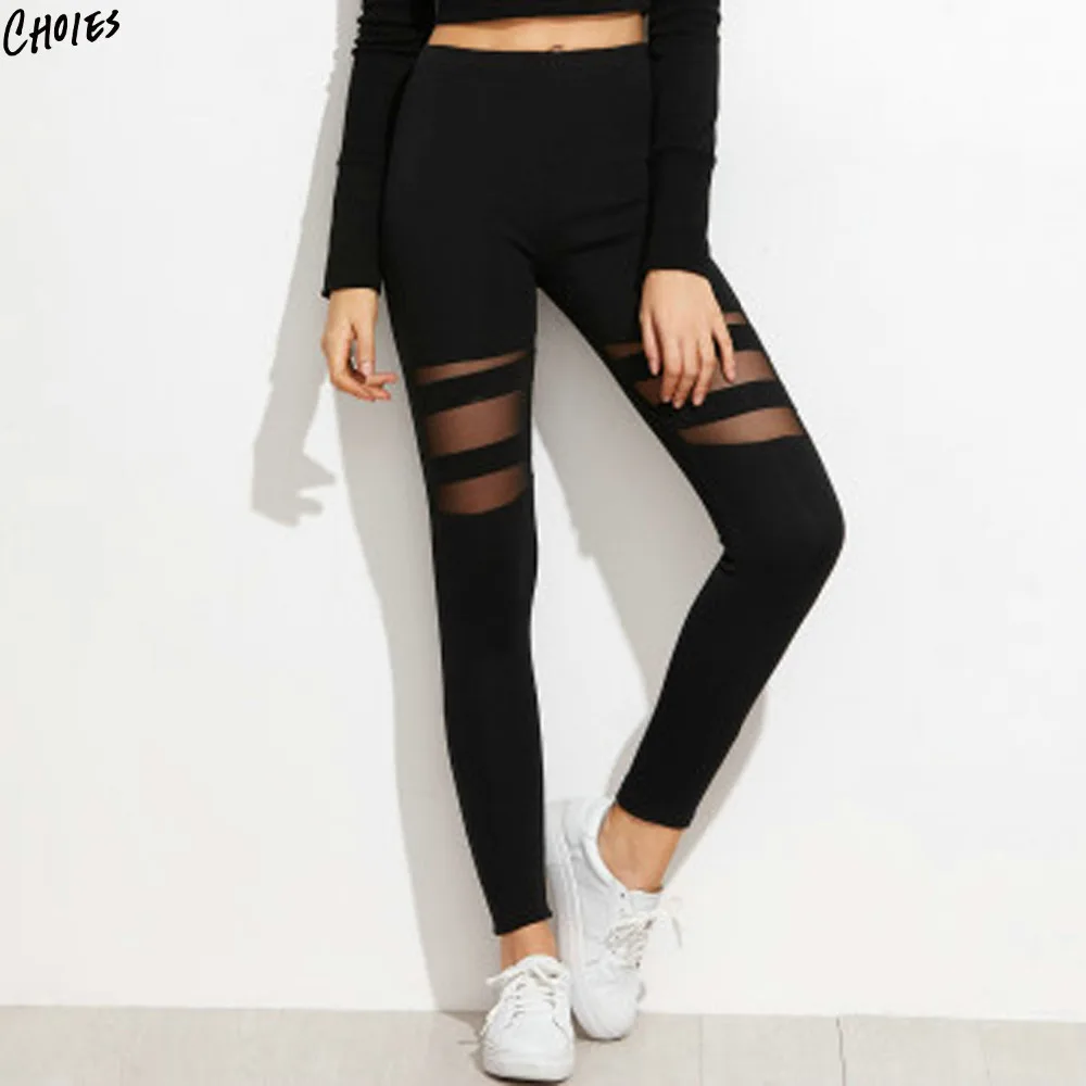 Черный patchworked сетки леггинсы Для женщин эластичные Высокая Талия Сельма Skinny Ankle