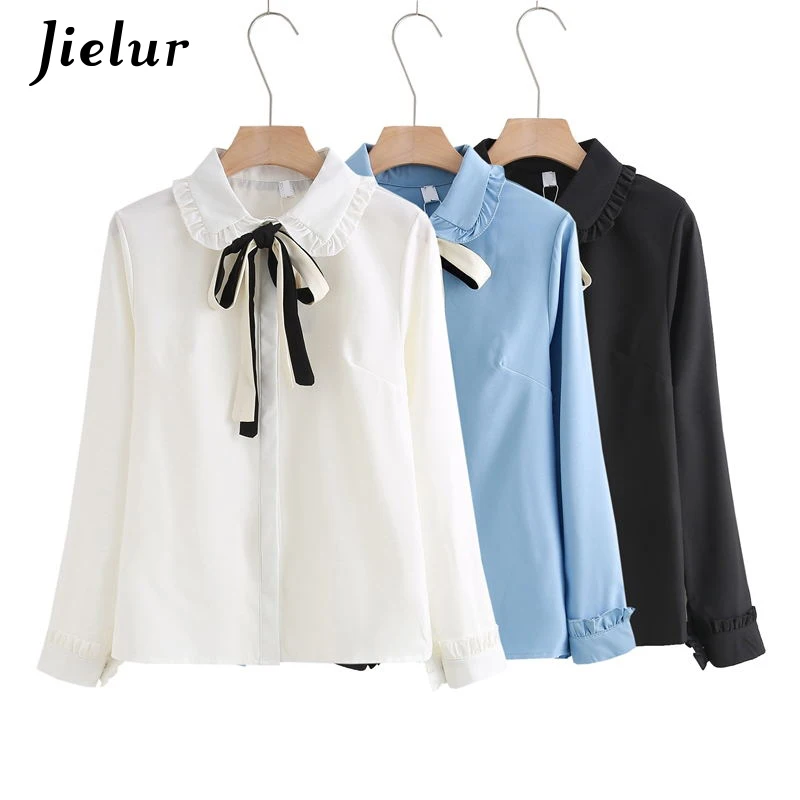 Jielur Kpop Style Women's Shirt Lace-up Solid Color Work Wear Blouse Retro Long Sleeve Womens Tops and Blouses Blusas Mujer S-XL |