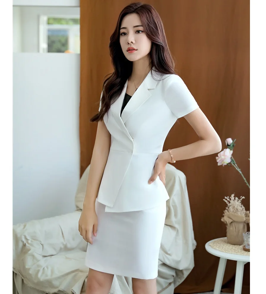 Женский деловой костюм с юбкой и жакетом белый пиджаком одежда для работы лето 2019|Костюмы юбкой| |