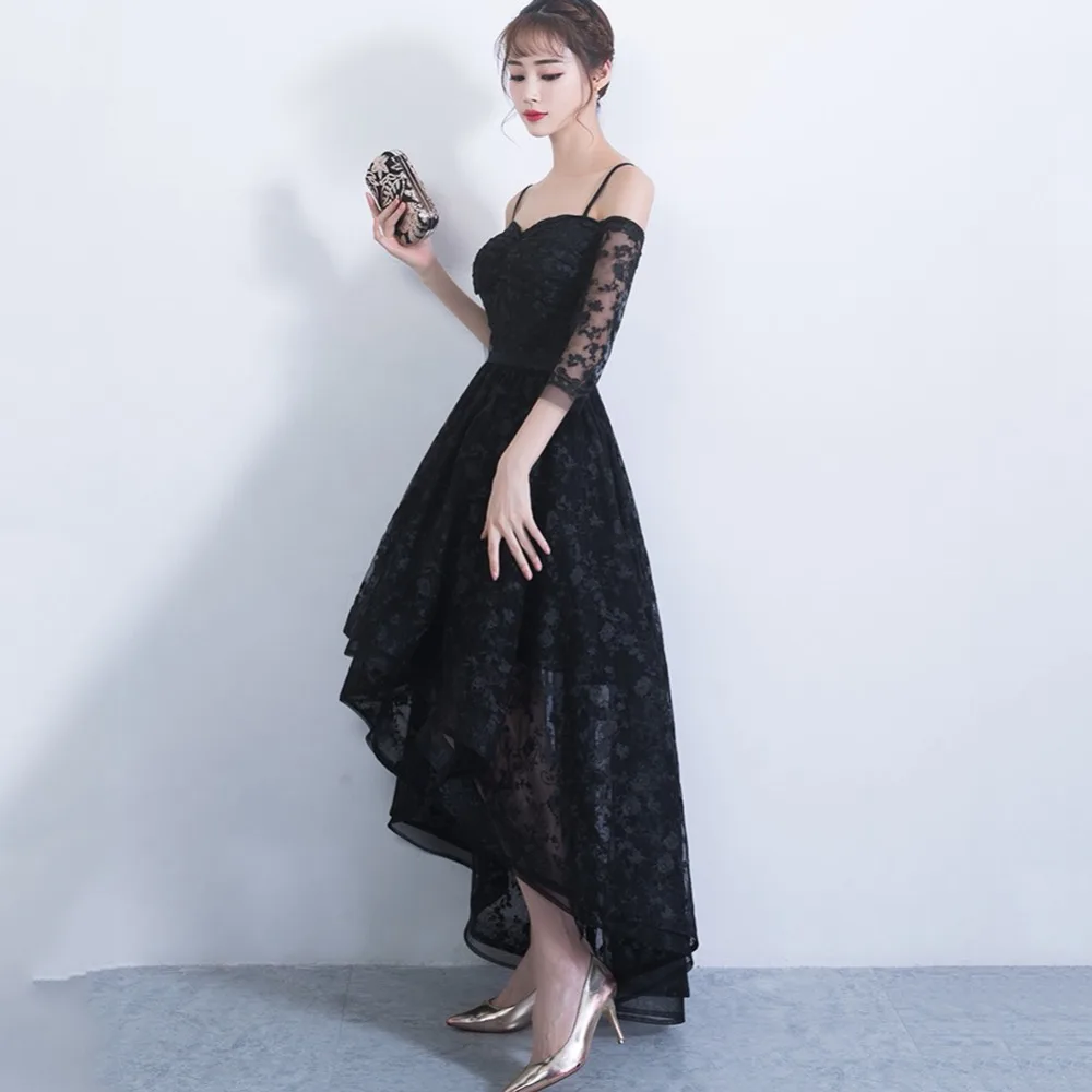 prom dresses sexy black lace vestidos de festa longo high/low dress with 3/4 sleeves sweetheart gown | Свадьбы и торжества