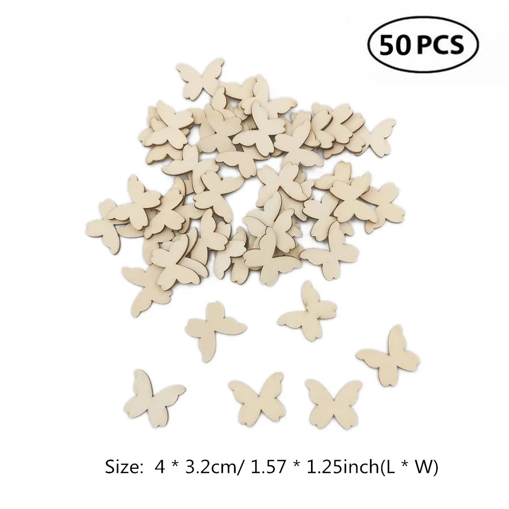 50pcs 40mm 10-80 мм Лазерная резка древесины бабочка украшения деревянные фигуры для творчества Свадебный декор деревянные украшения - Цвет: 50pcs 40mm
