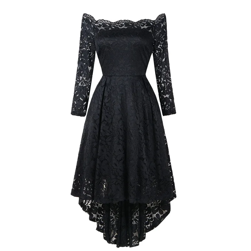 Фиолетовое кружевное платье средней длины с высоким низким подолом и длинным